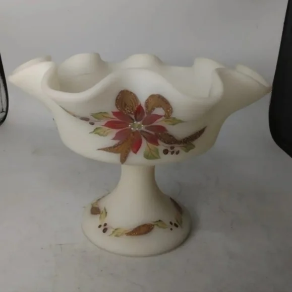Vintage Fenton handpainted satin glass compote‎ dish